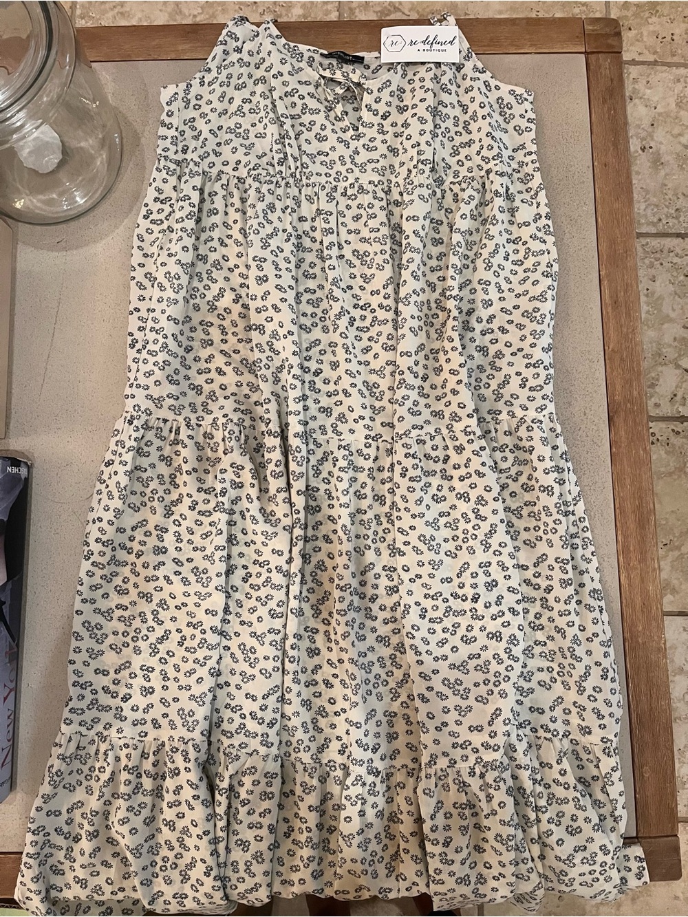 Cream v neck midi dress with Blue Floral Print
